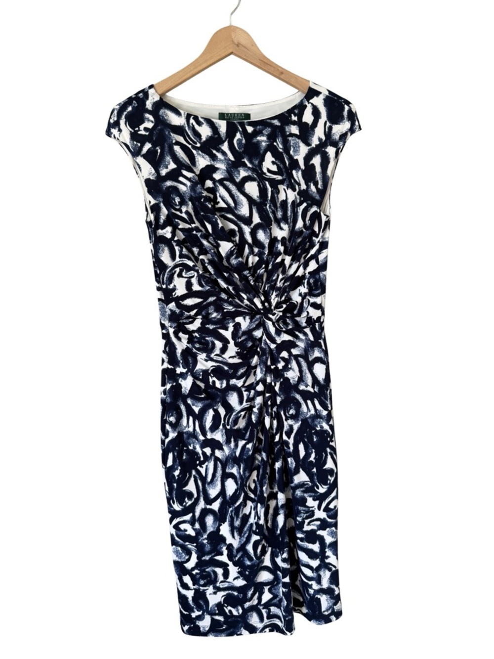 Lauren Ralph Lauren Floral Boatneck Midi Length Dress in White and Blue - Size 6